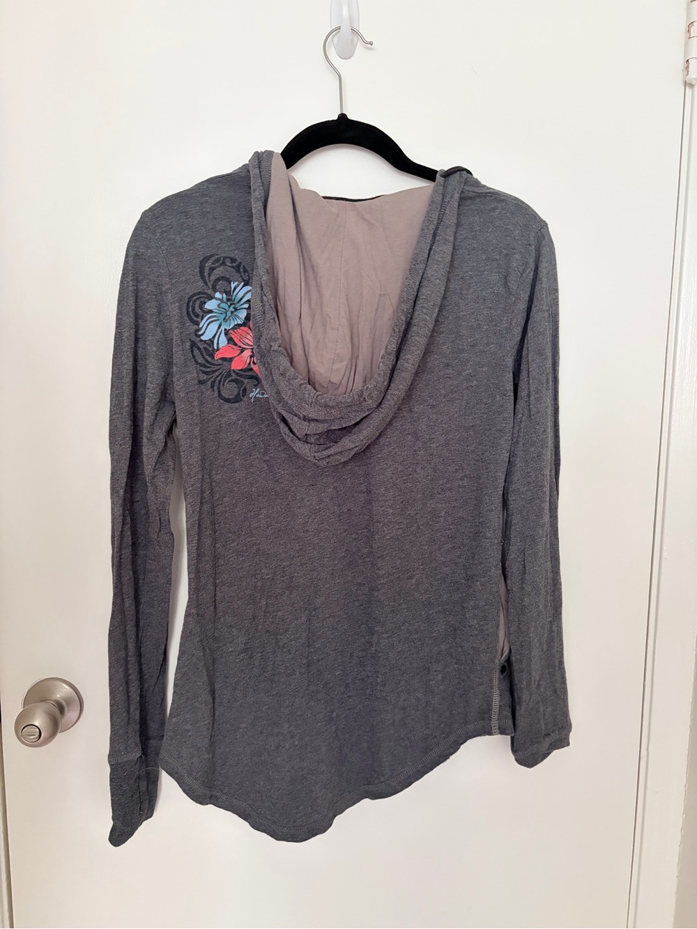 Crazy Shirts- Gray Hooded Long-Sleeve Top with Coral & Light Blue Floral- M - Picture 3 of 8